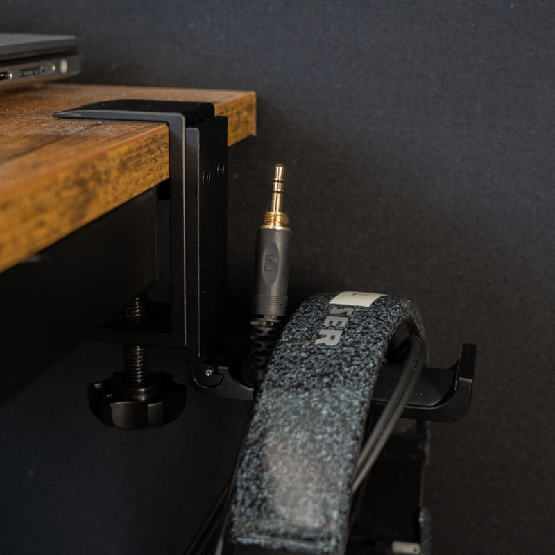 H-Clip Under-Desk Headphone Hanger with Sennheiser Headphones